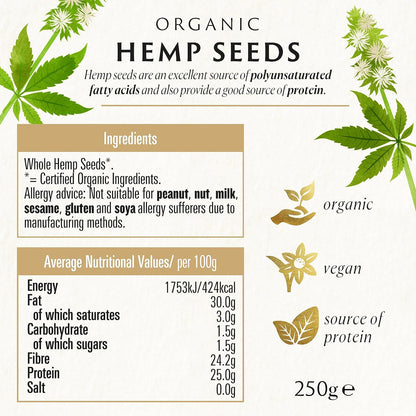 Premium Whole Hemp Seeds, Kosher, Vegan, Allergen-Free, Organic